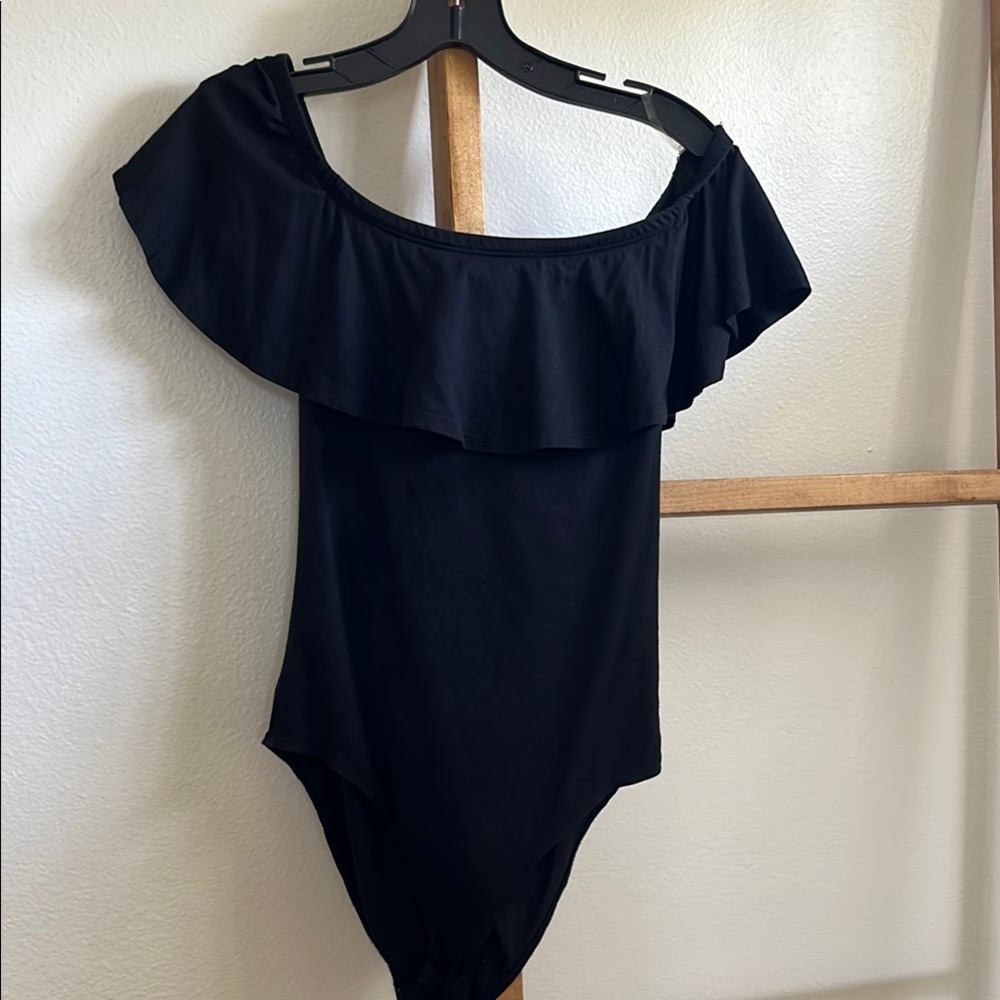 Aqua Black Ruffle Bodysuit Top